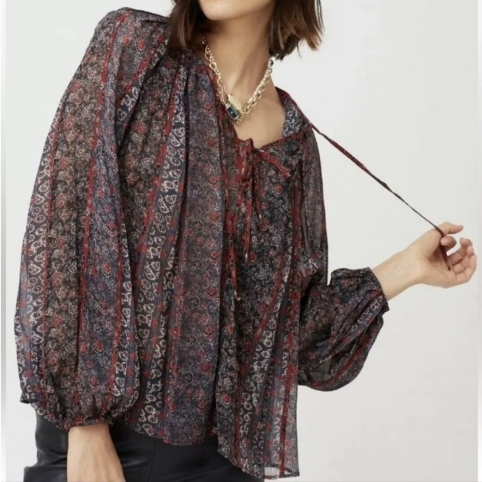 Ulla Johnson Women's Navy Red Floral Print Deetra Silk Peasant Blouse Size 6